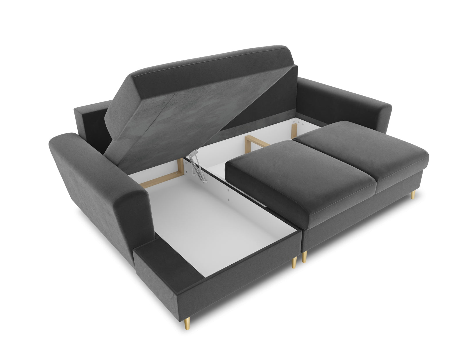 Entdecken Sie das Kyoto Velour Ecksofa links – ein elegantes 4-Sitzer Sofa mit Schlaffunktion und Stauraum, ideal für stilvolle Wohnräume.