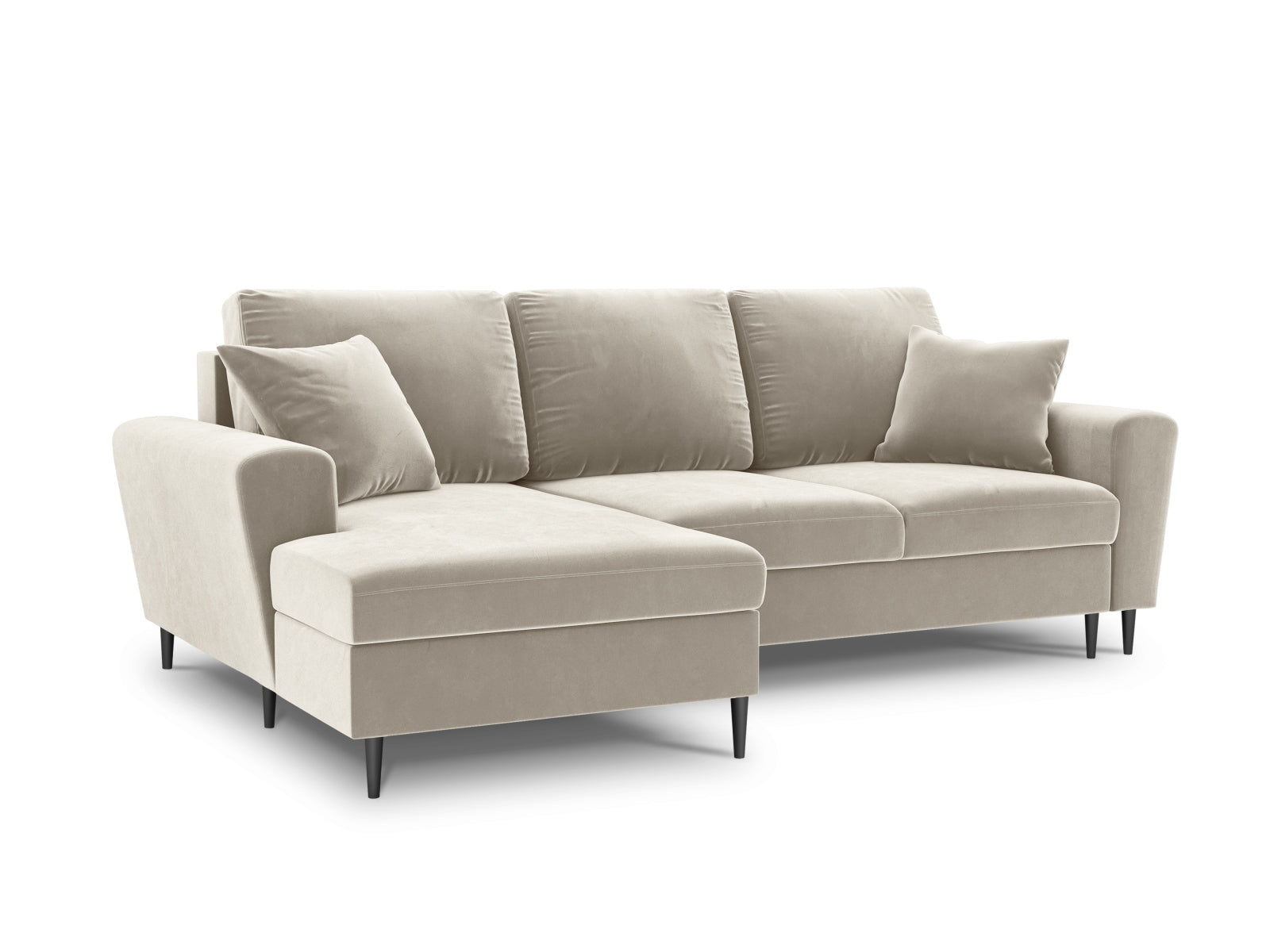 Modernes Kyoto Ecksofa links in sanftem Beige, 4-Sitzer mit integrierter Schlaffunktion und Stauraum für optimale Raumnutzung.