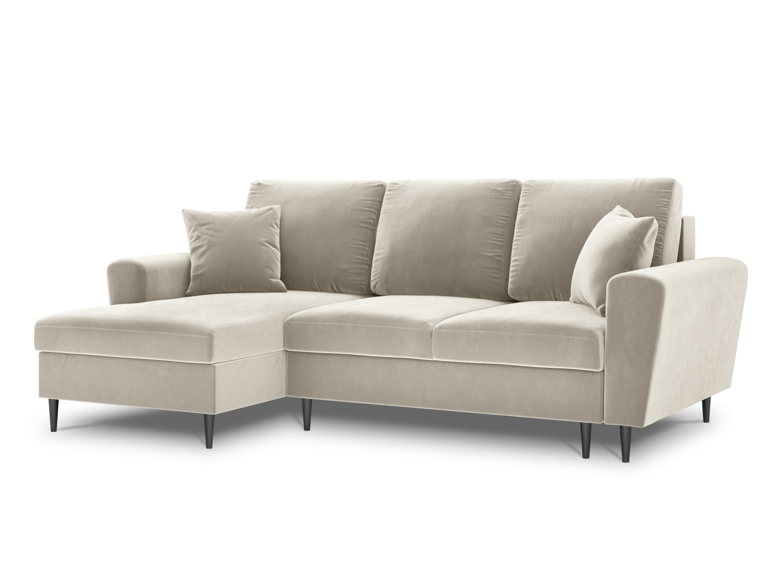 Erleben Sie das Kyoto Velour Ecksofa links – ein stilvolles 4-Sitzer Sofa mit Schlaffunktion und praktischer Stauraumbox für Ihr Zuhause.