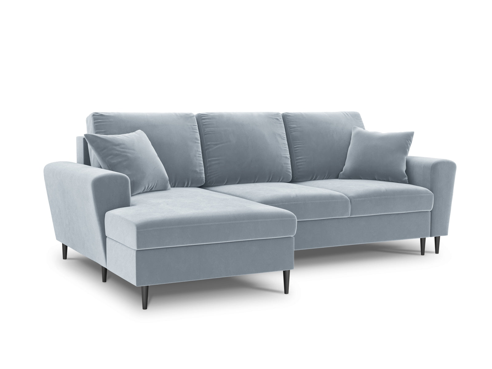Stylisches Kyoto Ecksofa links in sanftem Blau, 4-Sitzer mit praktischer Schlaffunktion und Stauraum, perfekt für entspannte Abende.