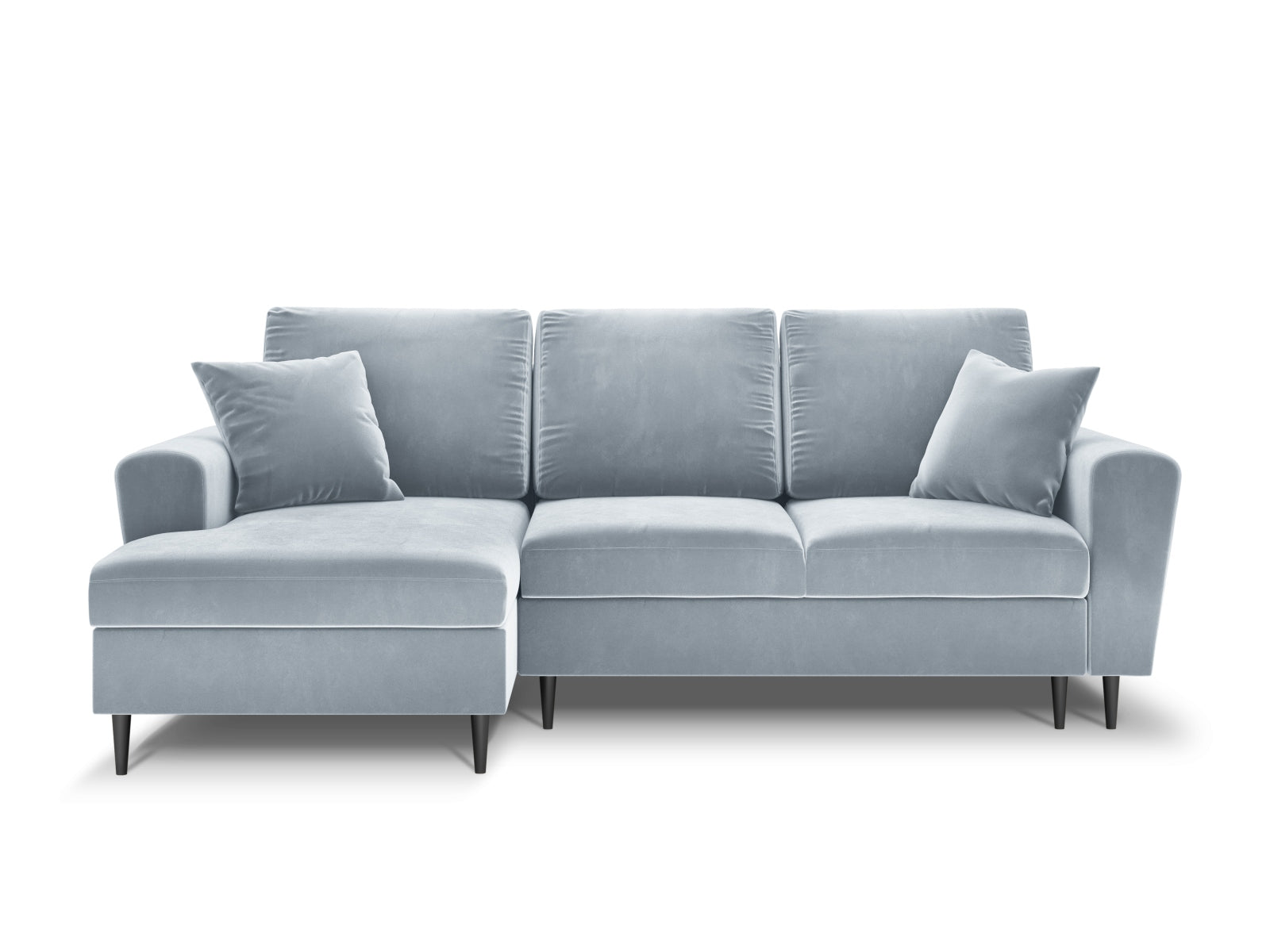 Elegantes Kyoto Ecksofa links in zartem Blau, 4-Sitzer mit integrierter Schlaffunktion und Stauraum, ideal für gemütliche Stunden.