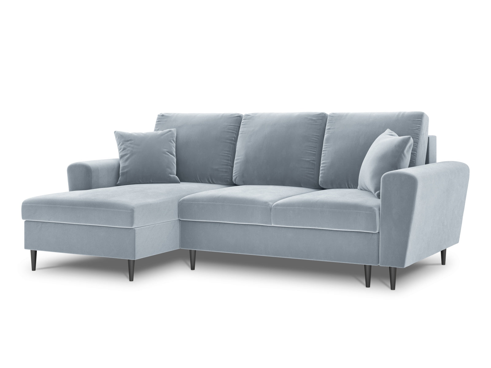 Stylisches Kyoto Ecksofa links in sanftem Blau, 4-Sitzer mit praktischer Schlaffunktion und Stauraum für zusätzlichen Komfort.