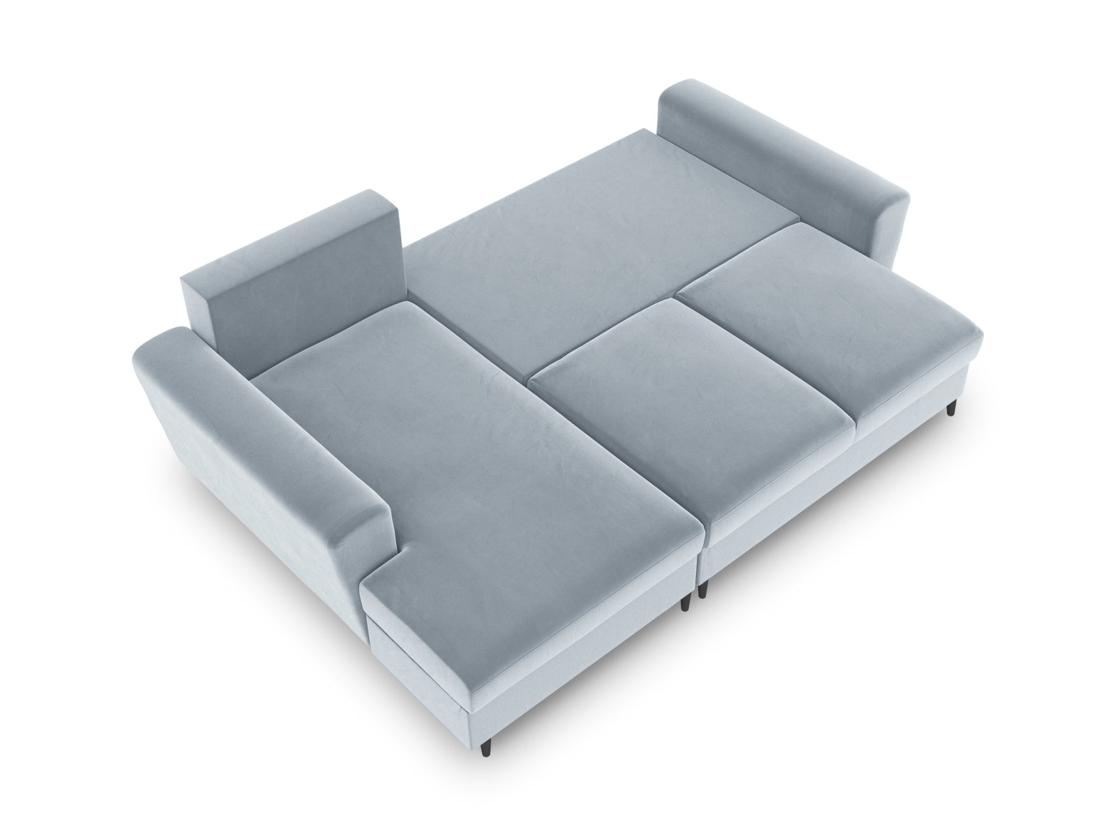 Elegantes Kyoto Ecksofa links in zartem Blau, 4-Sitzer mit integrierter Schlaffunktion und Stauraum für optimale Raumnutzung.