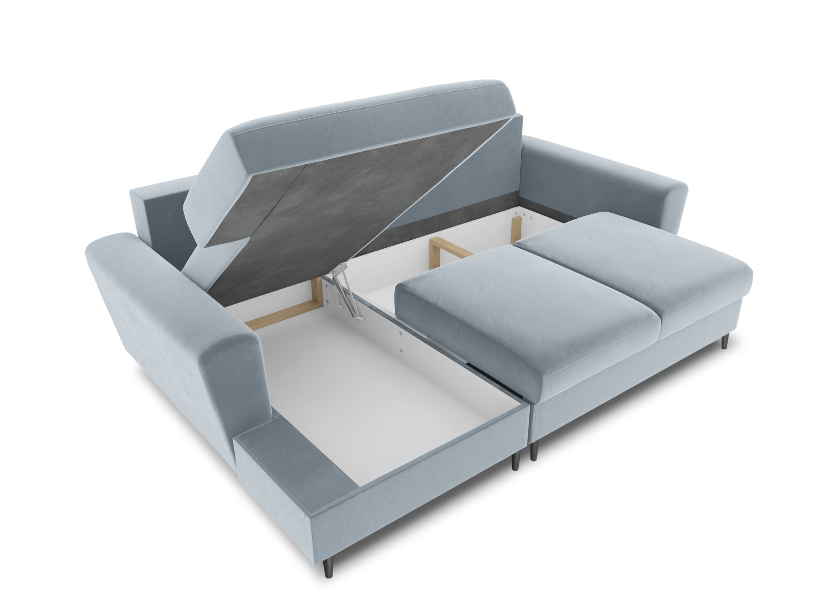 Stylisches Kyoto Ecksofa links in sanftem Blau, 4-Sitzer mit praktischer Schlaffunktion und Stauraum für zusätzlichen Komfort.