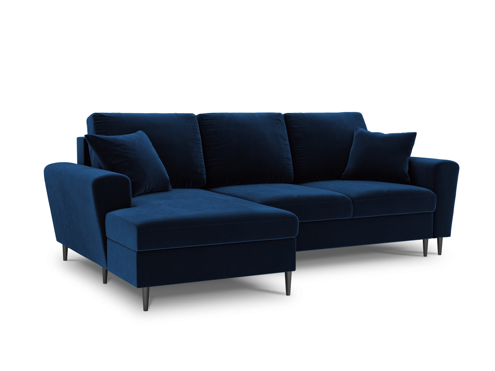 Stylisches Kyoto Ecksofa links in Royal Blue, 4-Sitzer mit praktischer Schlaffunktion und integriertem Stauraum für zusätzlichen Komfort.