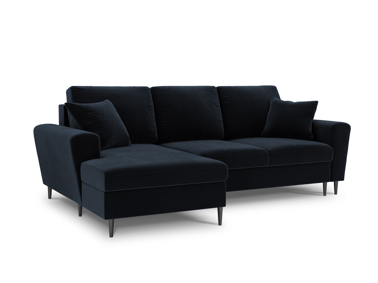 Elegantes Kyoto Ecksofa links in dunklem Blau, 4-Sitzer mit cleverer Schlaffunktion und Stauraum für zusätzlichen Komfort und Funktionalität.