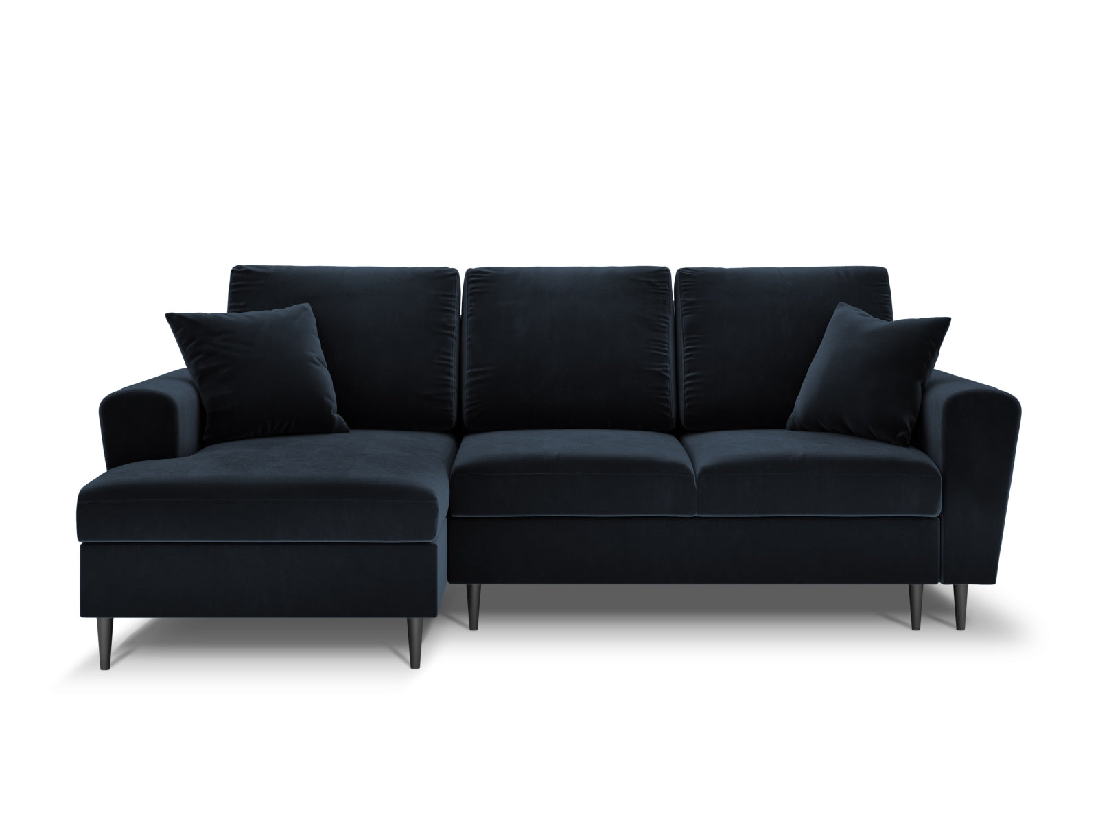 Stylisches Kyoto Ecksofa links in tiefem Blau, 4-Sitzer mit praktischer Schlaffunktion und integriertem Stauraum für optimale Raumnutzung.
