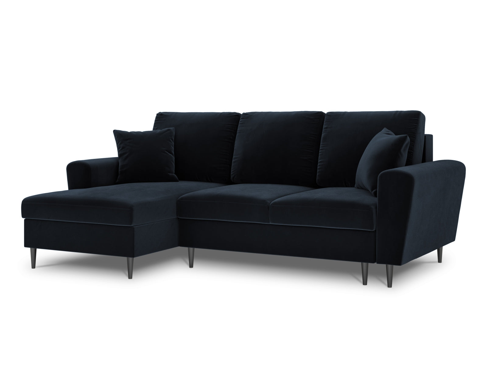 Elegantes Kyoto Ecksofa links in dunklem Blau, 4-Sitzer mit cleverer Schlaffunktion und Stauraum für zusätzlichen Komfort und Platz.