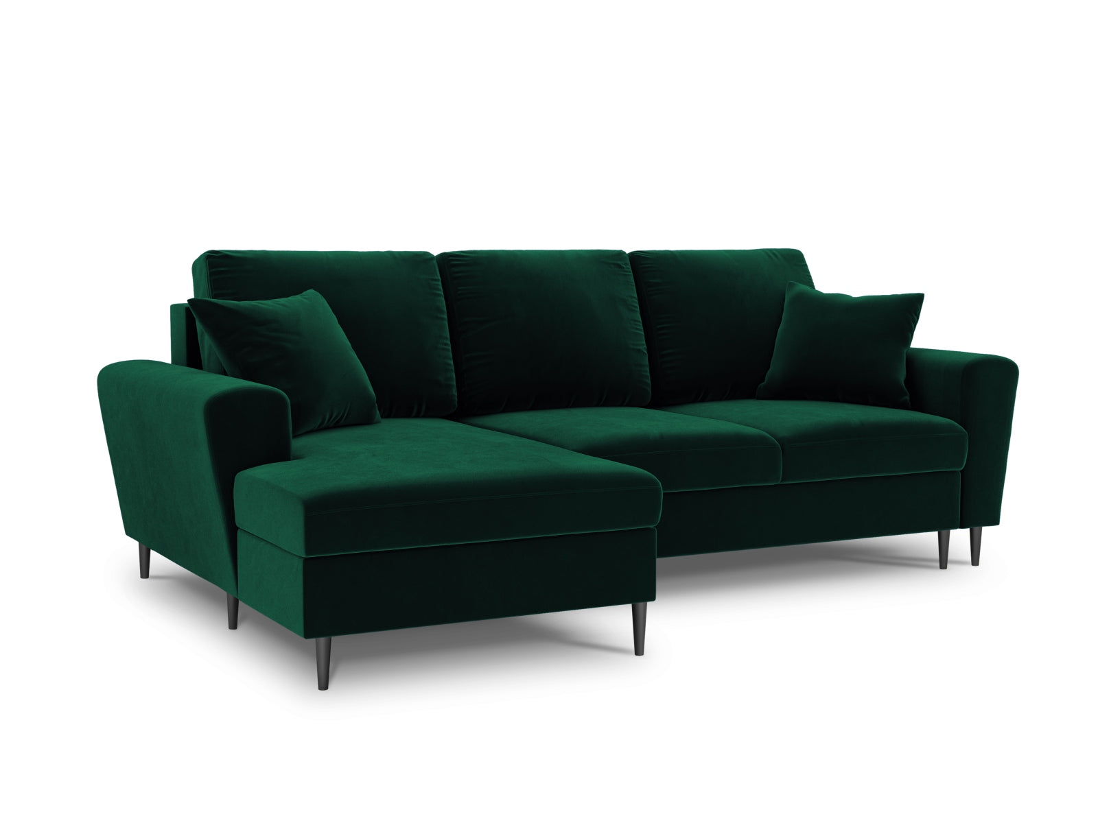 Stylisches Kyoto Ecksofa links in elegantem Dunkelgrün, ideal für 4 Personen, mit Schlafoption und integriertem Stauraum für mehr Funktionalität.