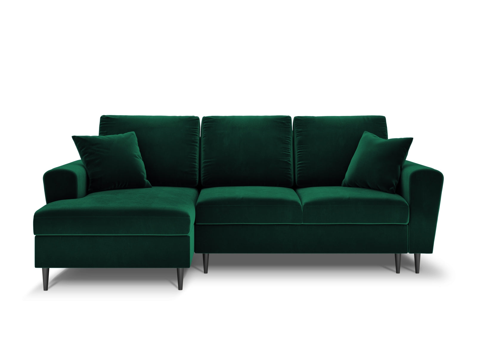 Modernes Kyoto Ecksofa links in edlem Dunkelgrün, perfekt für 4 Personen, bietet Schlafgelegenheit und praktischen Stauraum.