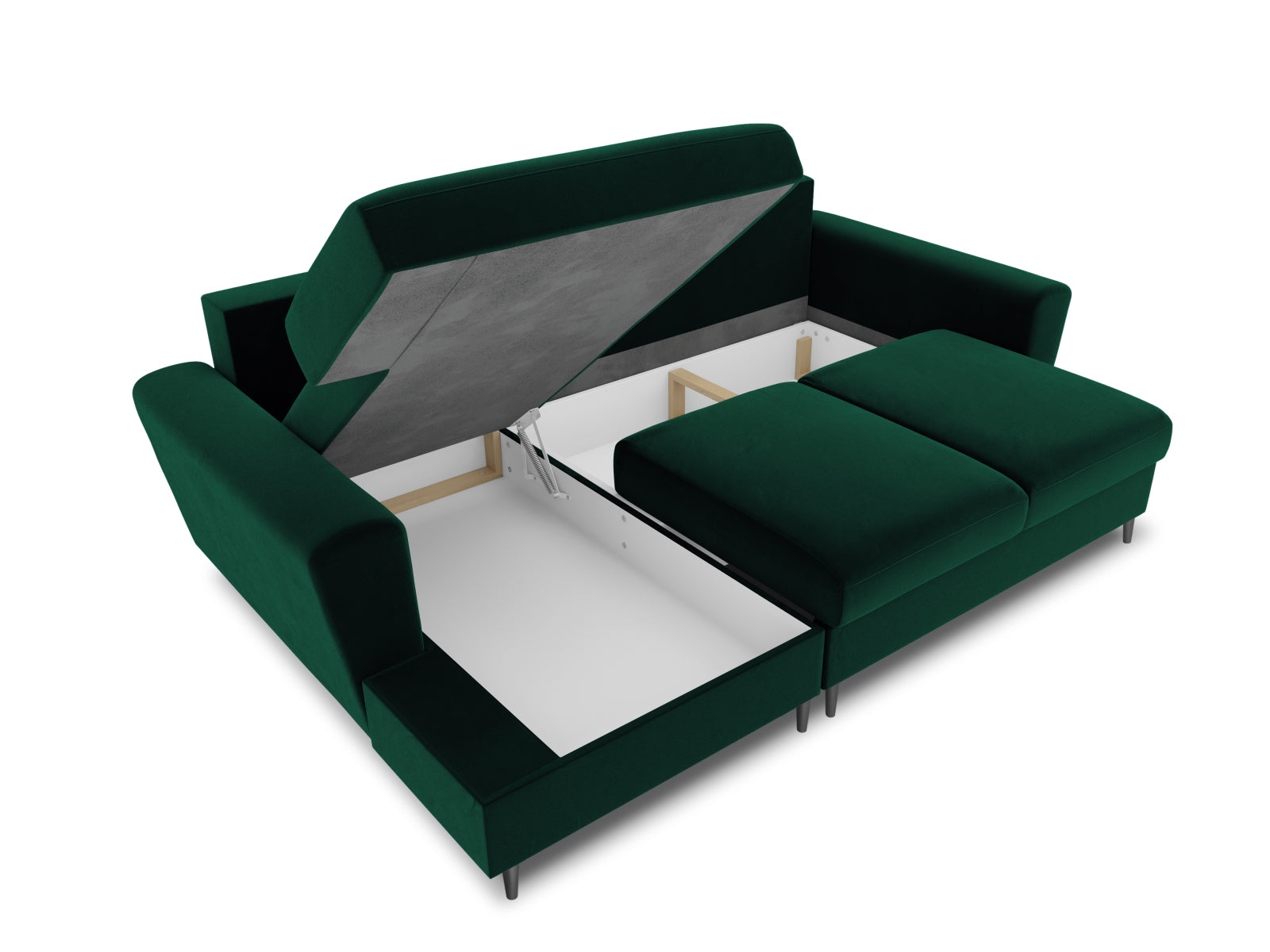 Stylisches Kyoto Ecksofa links in elegantem Dunkelgrün, ideal für 4 Personen, mit praktischer Schlaffunktion und integriertem Stauraum.