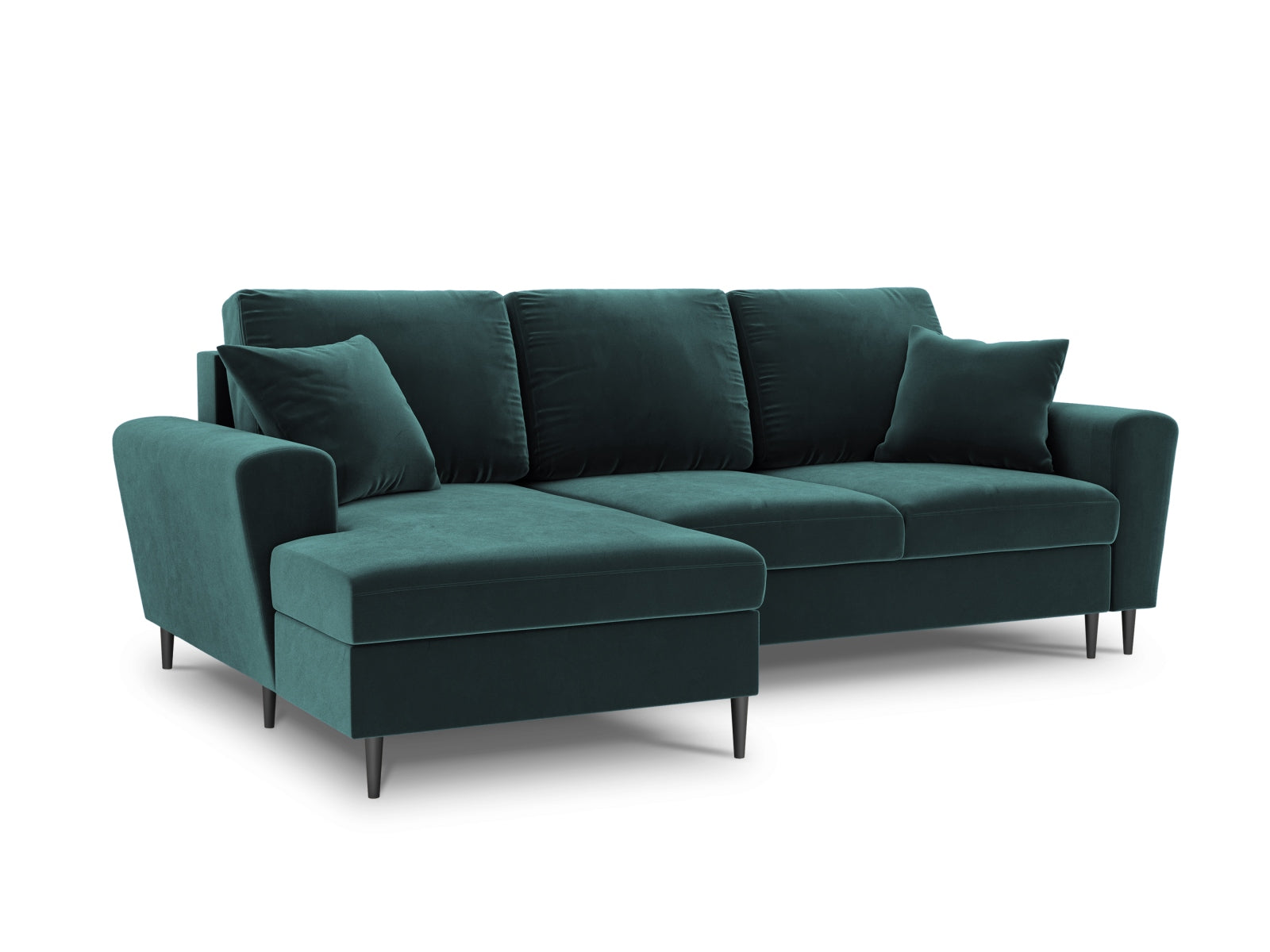 Kyoto Velour Ecksofa links mit Schlaffunktion und Stauraumbox 4 Sitzer 145cm in Petrol präsentiert im Onlineshop von KAQTU Design AG. Ecksofa links ist von Cosmopolitan Design