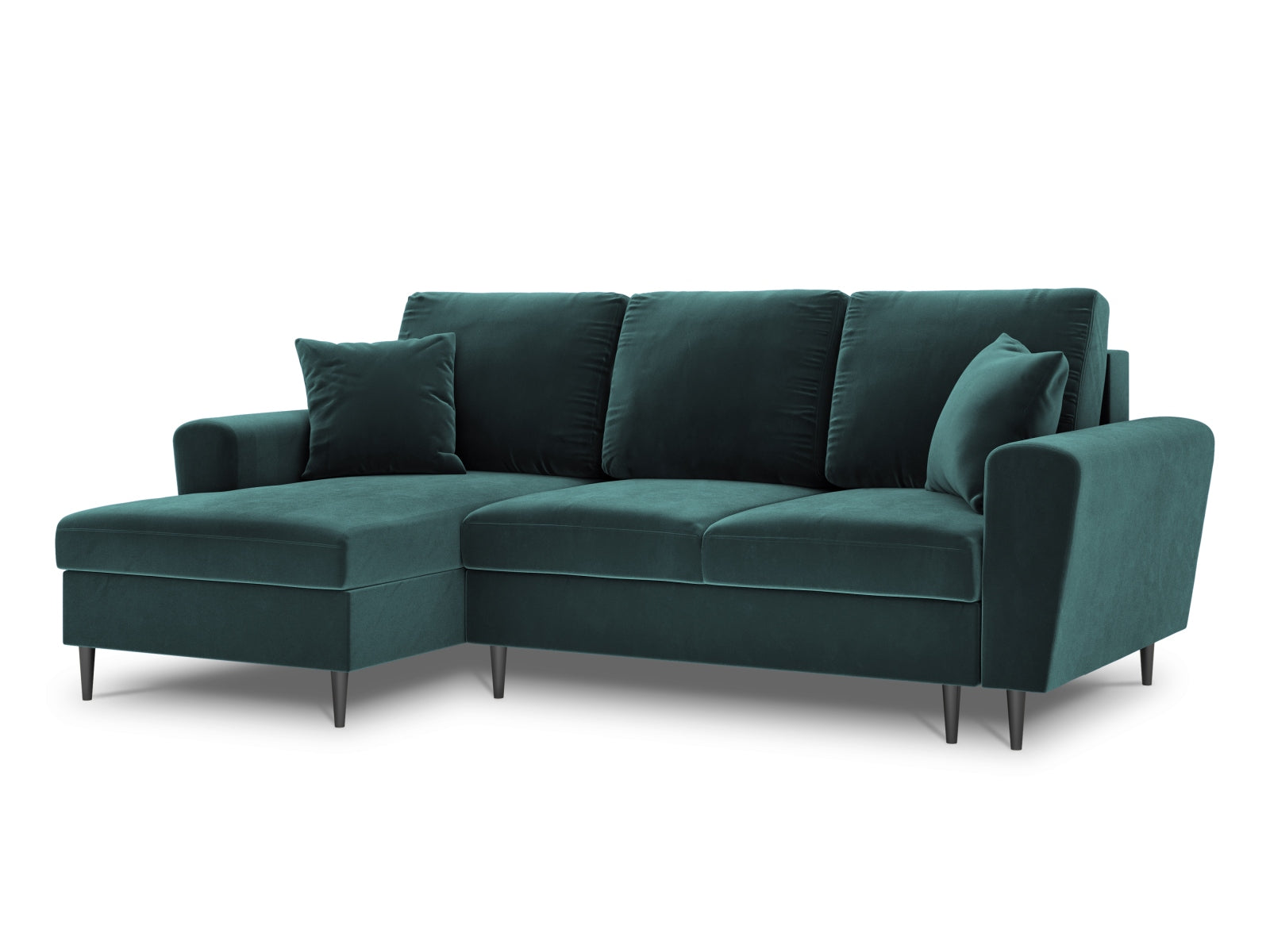 Modernes Kyoto Ecksofa links mit Schlaffunktion und Stauraum, 4-Sitzer, 145 cm, in stilvollem Petrol-Riviera, ideal für gemütliche Stunden.