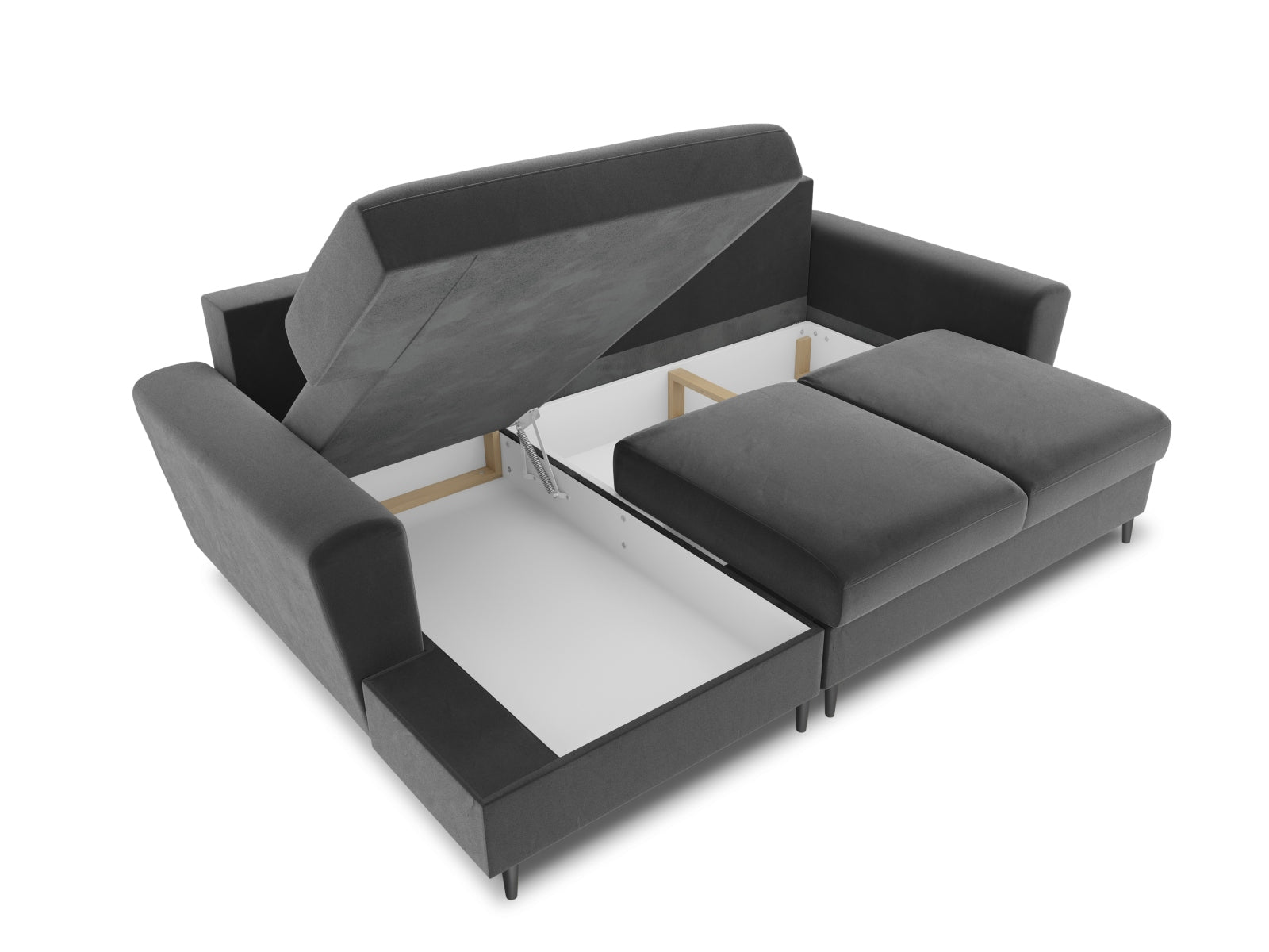 Entdecken Sie das Kyoto Velour Ecksofa links – ein elegantes 4-Sitzer Sofa mit Schlaffunktion und Stauraum, ideal für stilvolle Wohnräume.