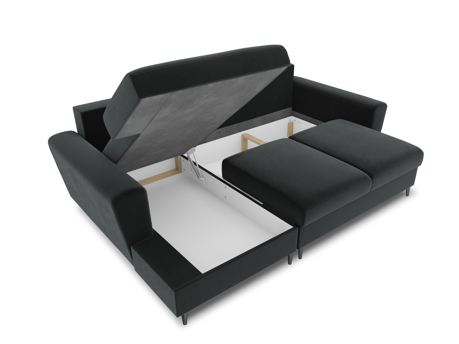 Entdecken Sie das Kyoto Velour Ecksofa links – ein elegantes 4-Sitzer Sofa mit Schlaffunktion und Stauraum, ideal für stilvolle Wohnräume.