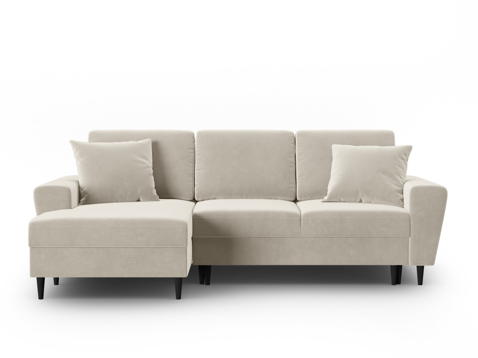 Modernes Kyoto Ecksofa links in sanftem Beige, 4-Sitzer mit cleverer Schlaffunktion und integriertem Stauraum für optimale Raumnutzung.