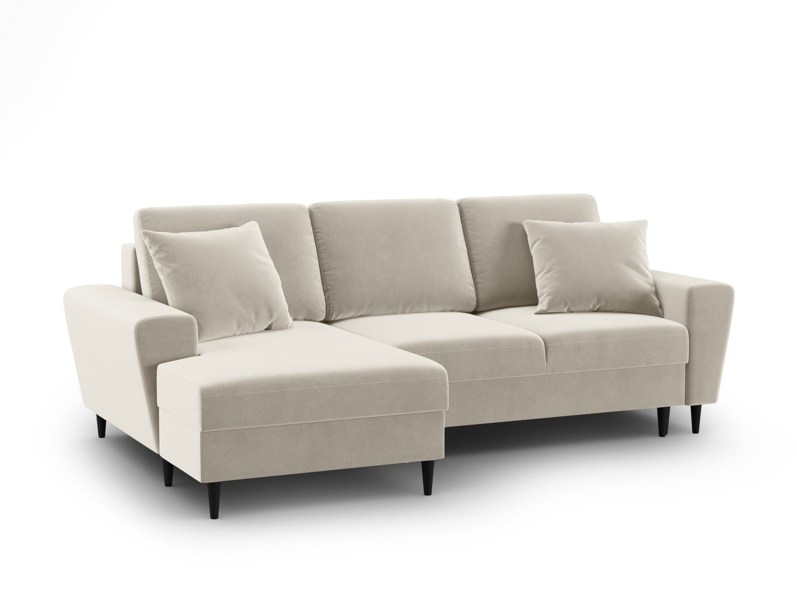 Modernes Kyoto Ecksofa links in sanftem Beige, 4-Sitzer mit cleverer Schlaffunktion und integriertem Stauraum für mehr Platz.