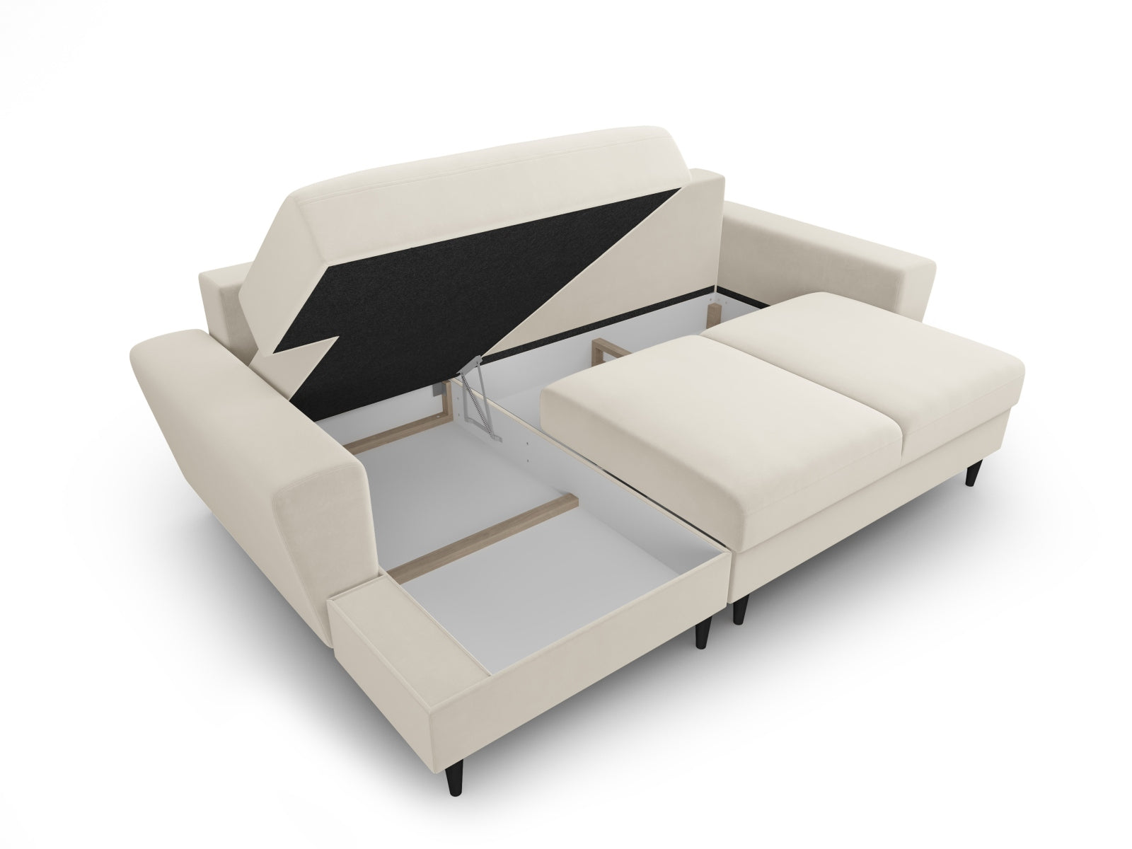 Modernes Kyoto Ecksofa links in sanftem Beige, 4-Sitzer mit cleverer Schlaffunktion und Stauraum für vielseitige Nutzung und Komfort.