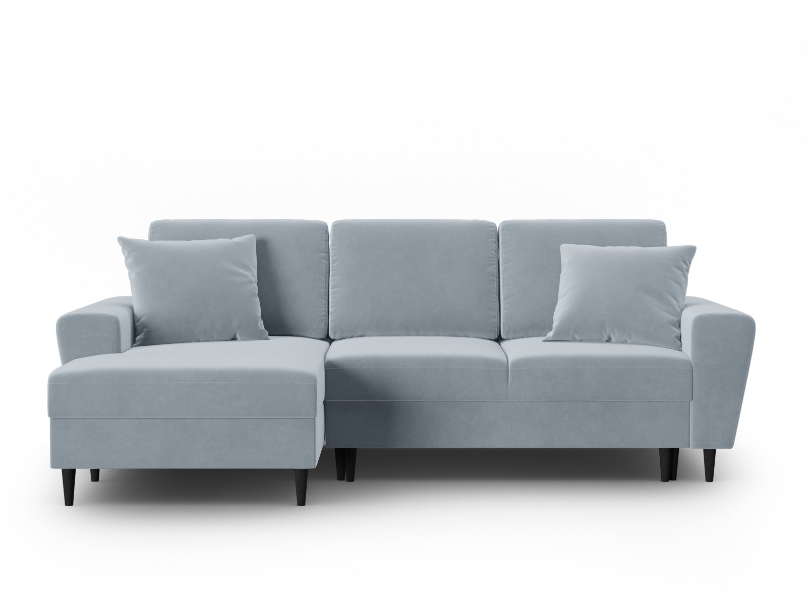 Stylisches Kyoto Ecksofa links in sanftem Blau, 4-Sitzer mit praktischer Schlaffunktion und Stauraum für zusätzlichen Komfort und Ordnung.