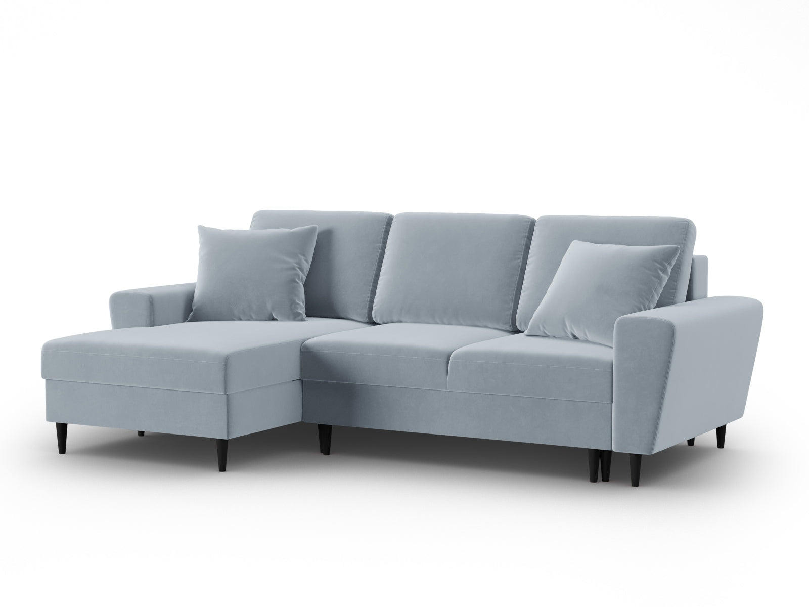 Elegantes Kyoto Ecksofa links in zartem Blau, 4-Sitzer mit integrierter Schlaffunktion und Stauraum für optimale Raumnutzung.