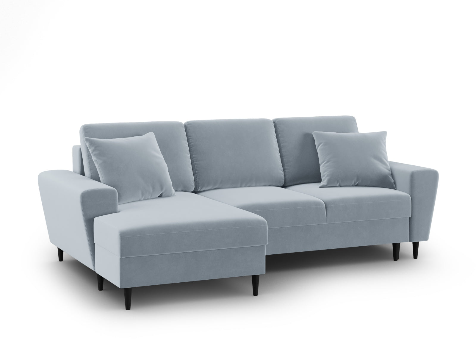 Stylisches Kyoto Ecksofa links in sanftem Blau, 4-Sitzer mit praktischer Schlaffunktion und Stauraum für zusätzlichen Komfort.