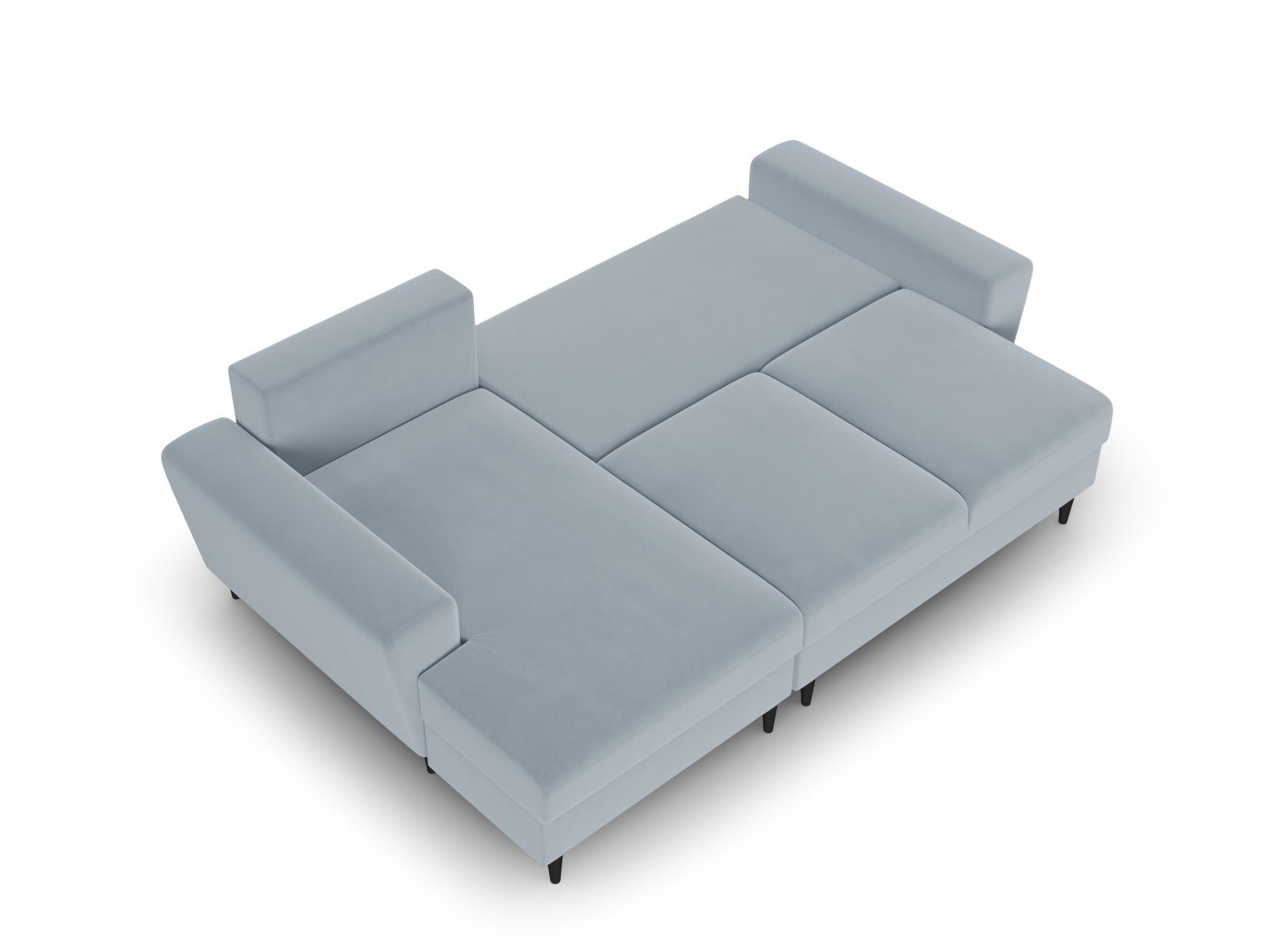 Elegantes Kyoto Ecksofa links in zartem Blau, 4-Sitzer mit cleverer Schlaffunktion und integriertem Stauraum für mehr Platz.