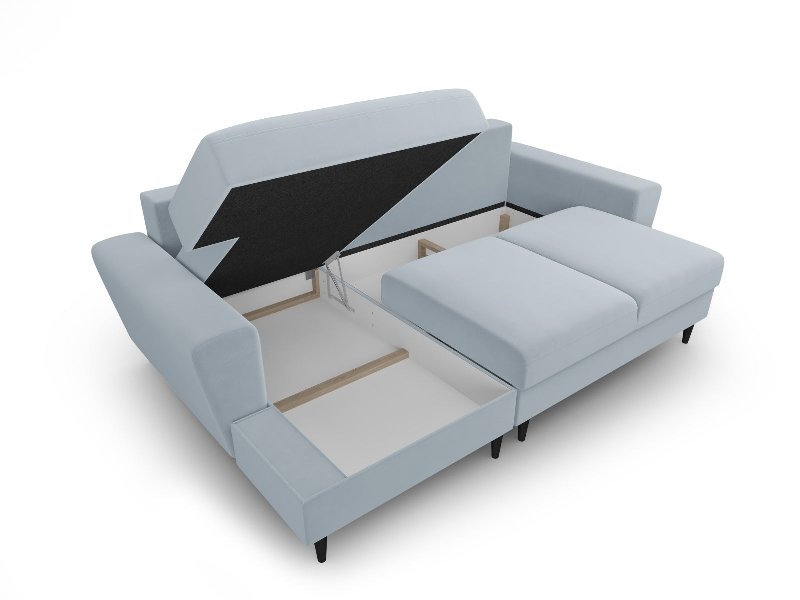 Stylisches Kyoto Ecksofa links in sanftem Blau, 4-Sitzer mit praktischer Schlaffunktion und Stauraum für zusätzlichen Komfort.