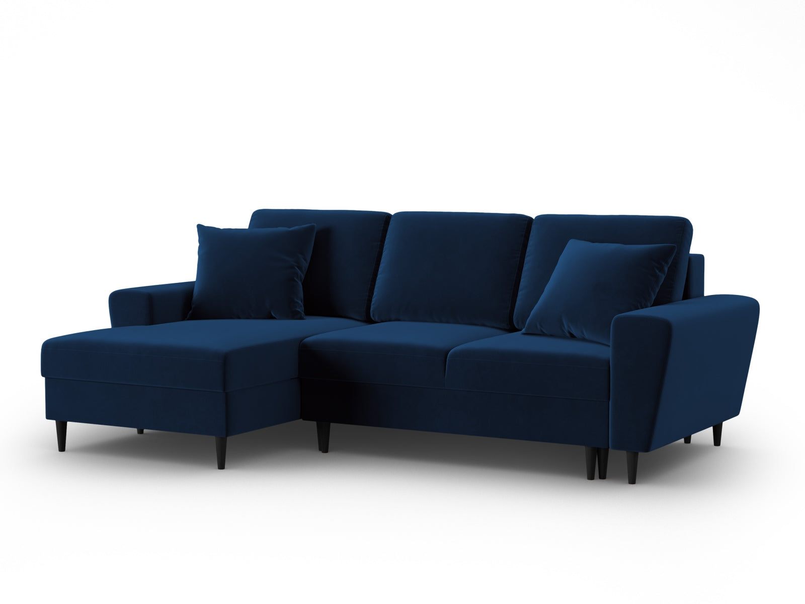 Elegantes Kyoto Ecksofa links in Royal Blue, 4-Sitzer mit integrierter Schlaffunktion und Stauraum, ideal für stilvolle Wohnräume.