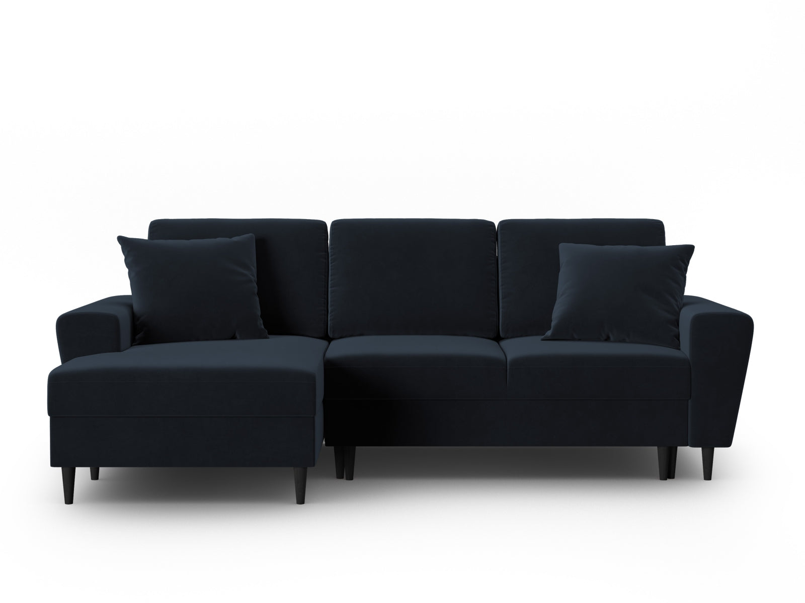 Elegantes Kyoto Ecksofa links in dunklem Blau, 4-Sitzer mit cleverer Schlaffunktion und Stauraum für zusätzlichen Komfort und Platz.