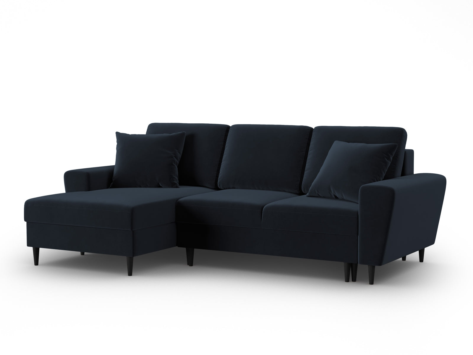 Stylisches Kyoto Ecksofa links in tiefem Blau, 4-Sitzer mit praktischer Schlaffunktion und integriertem Stauraum für optimale Raumnutzung.