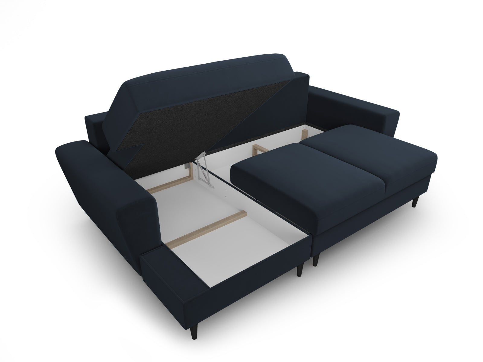 Stylisches Kyoto Ecksofa links in tiefem Blau, 4-Sitzer mit praktischer Schlaffunktion und integriertem Stauraum für optimale Raumnutzung.