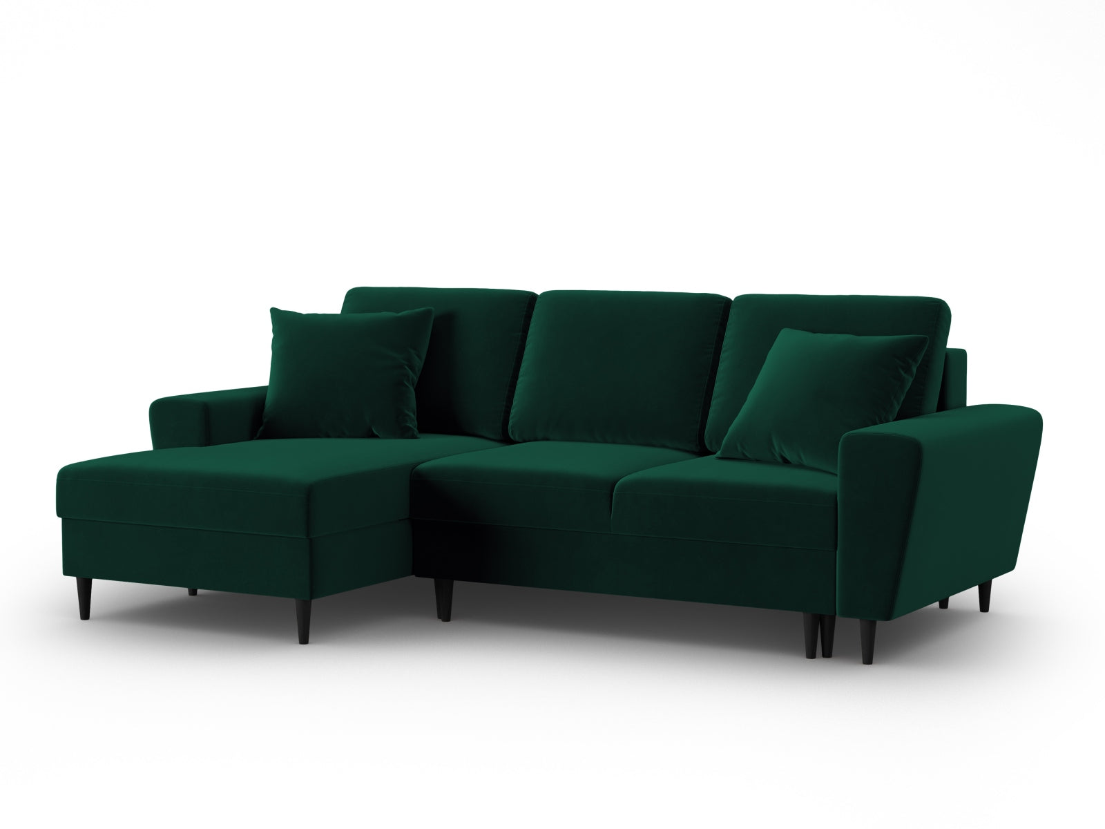 Modernes Kyoto Ecksofa links in edlem Dunkelgrün, perfekt für 4 Personen, bietet eine komfortable Schlaffunktion und zusätzlichen Stauraum.