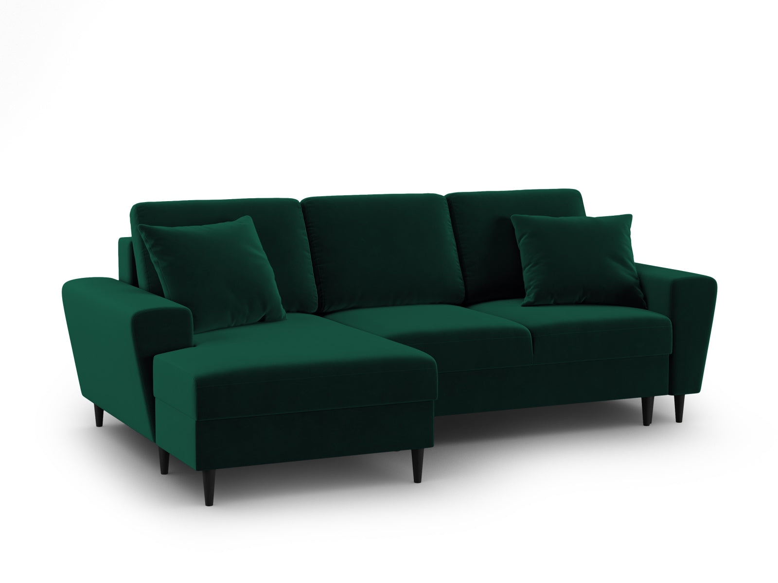 Modernes Kyoto Ecksofa links in edlem Dunkelgrün, bietet Platz für 4 Personen, inklusive Schlaffunktion und Stauraum für zusätzlichen Komfort.