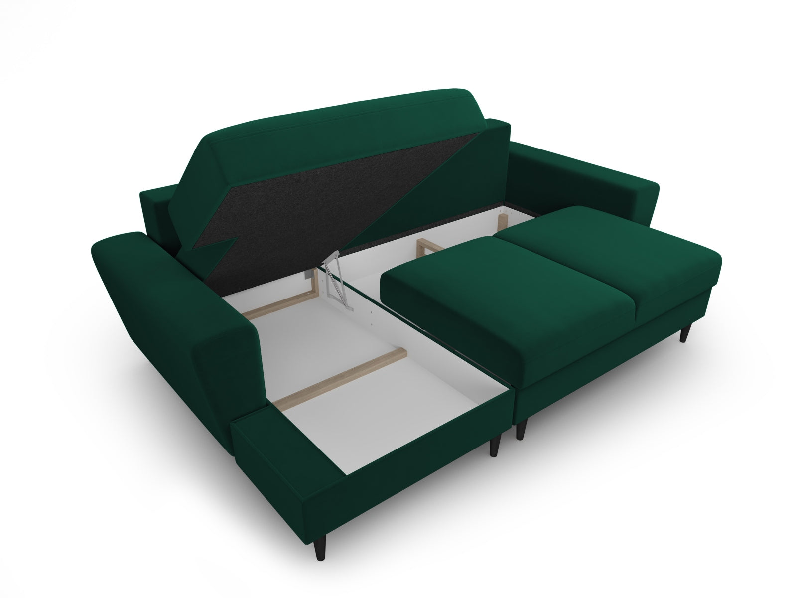 Modernes Kyoto Ecksofa links in edlem Dunkelgrün, perfekt für 4 Personen, bietet eine komfortable Schlaffunktion und zusätzlichen Stauraum.