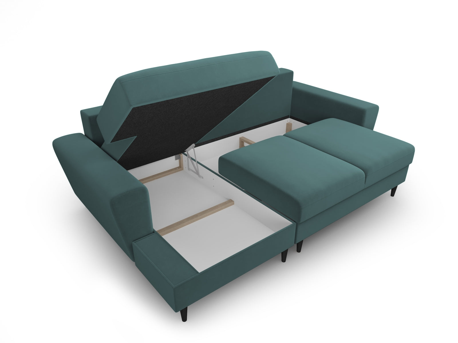 Elegantes Kyoto Ecksofa links mit Schlafoption und Stauraum, 4-Sitzer, 145 cm, in trendigem Petrol-Riviera, perfekt für entspannte Abende.