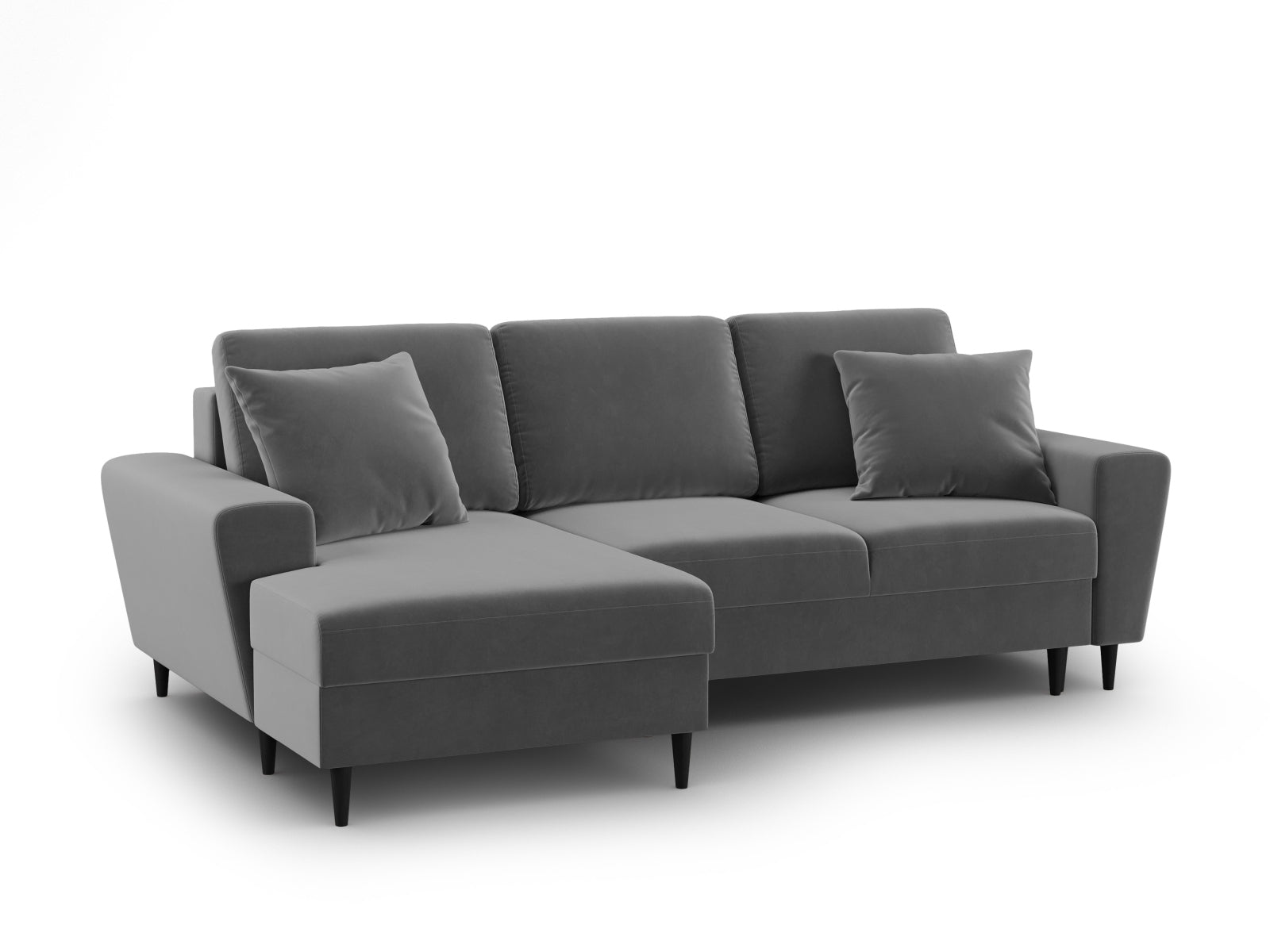 Modernes Kyoto Ecksofa links in zeitlosem Grau, 4-Sitzer mit cleverer Schlaffunktion und integriertem Stauraum für vielseitige Nutzung.