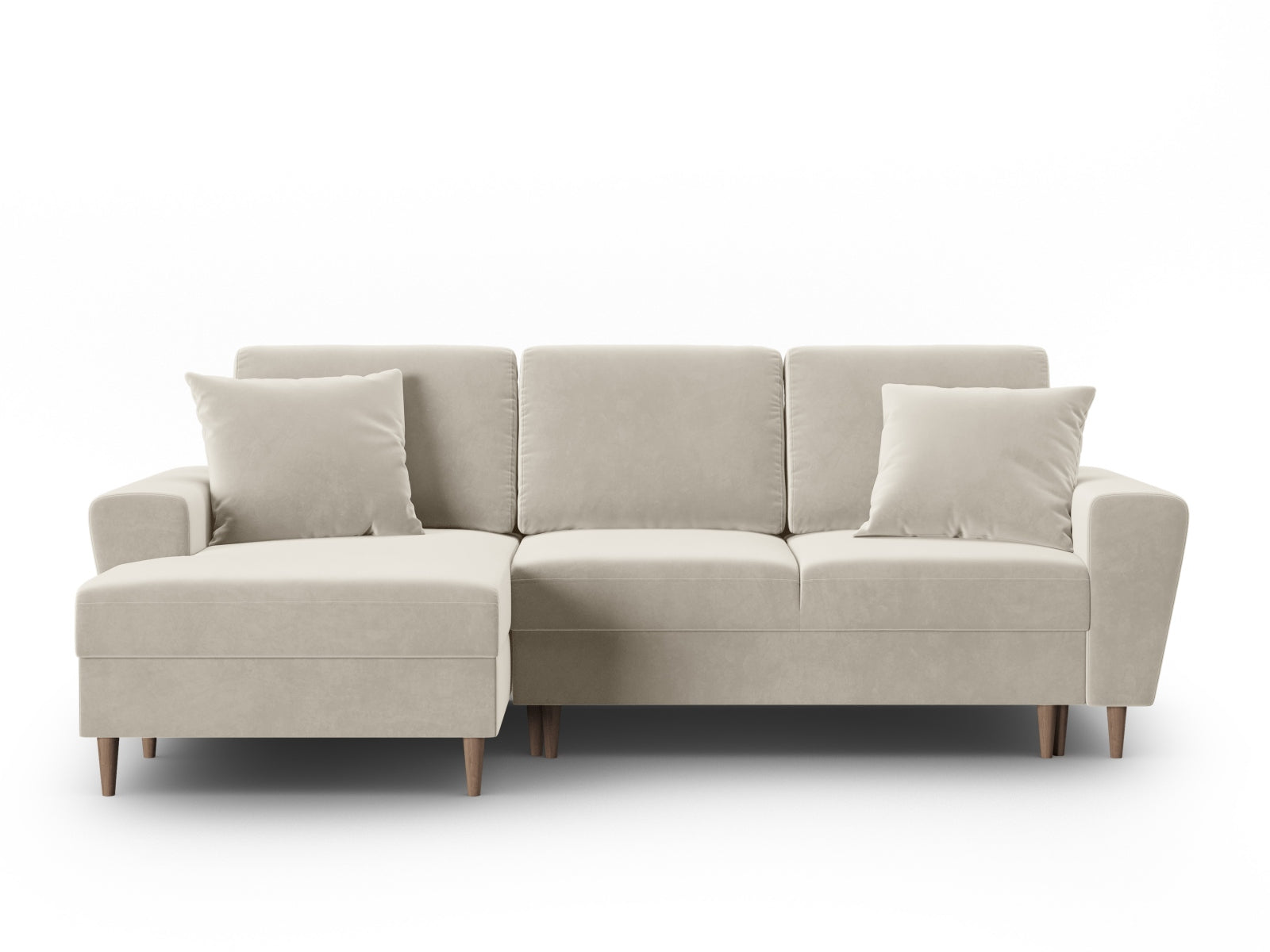 Stylisches Kyoto Ecksofa links in elegantem Beige, 4-Sitzer mit praktischer Schlaffunktion und integriertem Stauraum für optimale Raumnutzung.