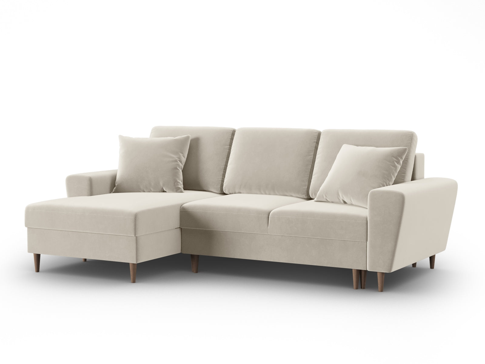 Modernes Kyoto Ecksofa links in sanftem Beige, 4-Sitzer mit cleverer Schlaffunktion und Stauraum für zusätzlichen Komfort und Funktionalität.