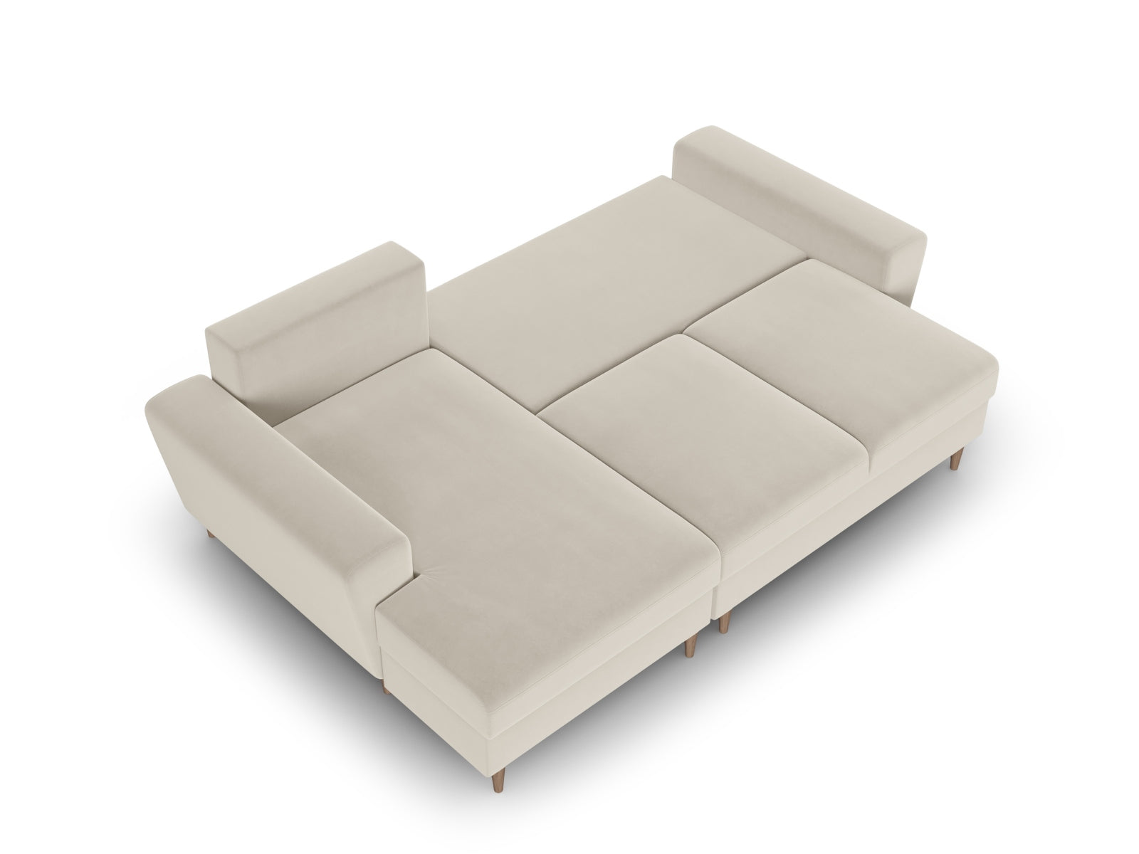 Modernes Kyoto Ecksofa links in sanftem Beige, 4-Sitzer mit cleverer Schlaffunktion und Stauraum für zusätzlichen Komfort und Funktionalität.