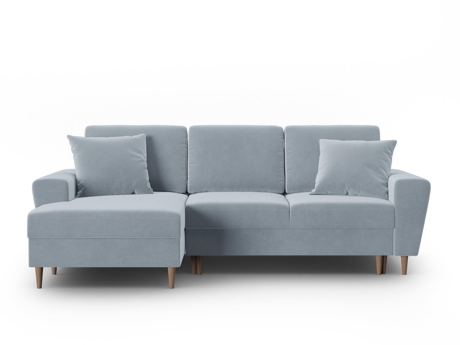 Elegantes Kyoto Ecksofa links in zartem Blau, 4-Sitzer mit cleverer Schlaffunktion und integriertem Stauraum für mehr Platz und Gemütlichkeit.