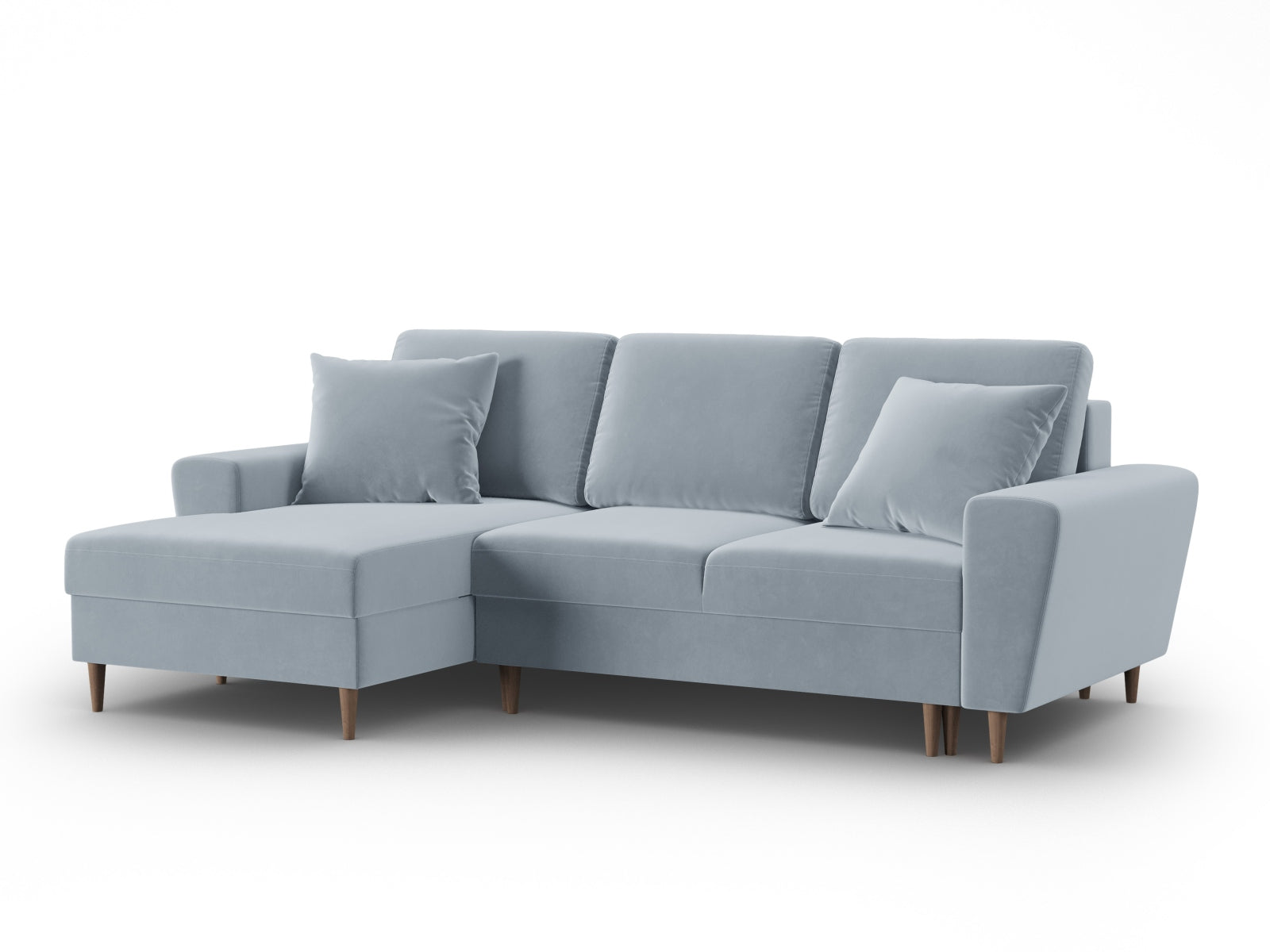 Stylisches Kyoto Ecksofa links in sanftem Blau, 4-Sitzer mit praktischer Schlaffunktion und Stauraum für zusätzlichen Komfort und Ordnung.