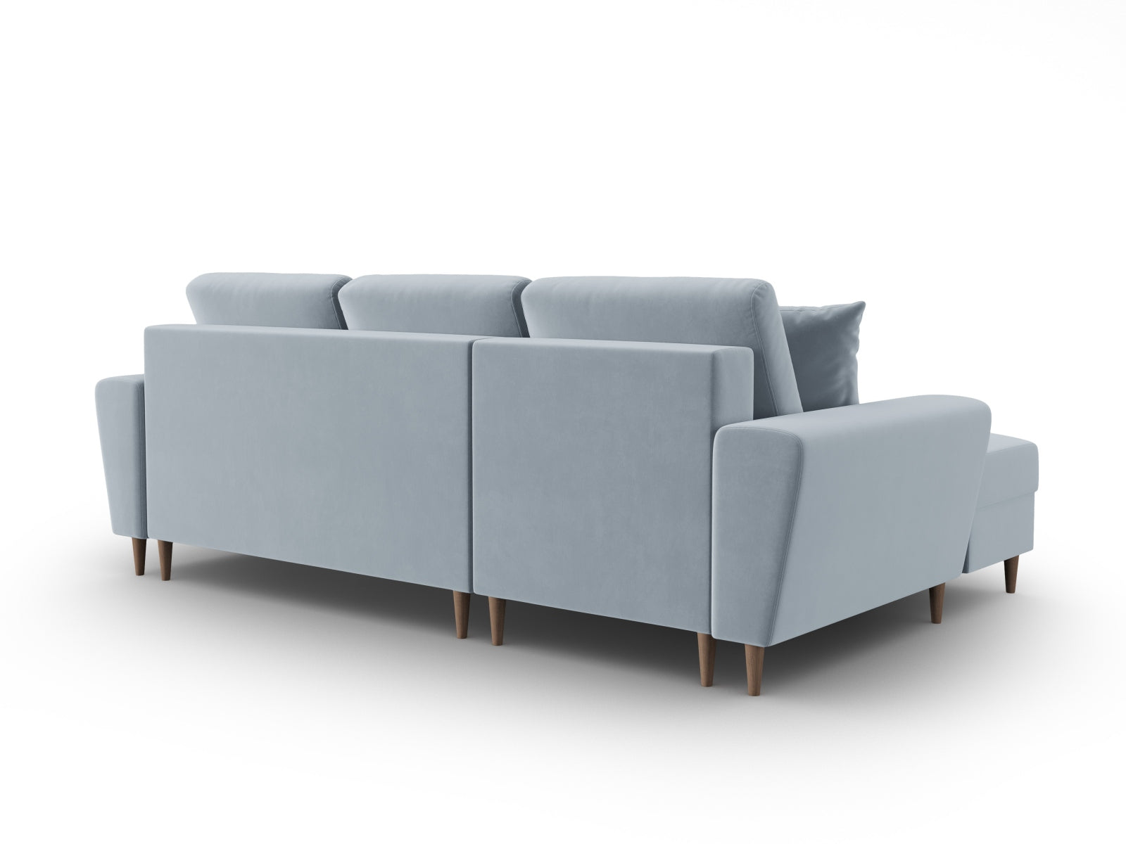 Elegantes Kyoto Ecksofa links in zartem Blau, 4-Sitzer mit integrierter Schlaffunktion und Stauraum für optimale Raumnutzung.