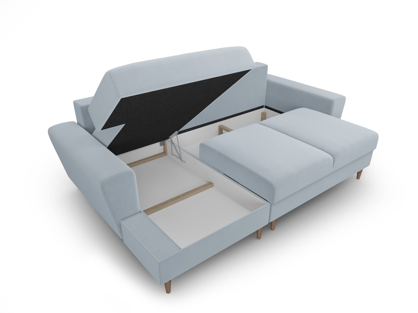 Stylisches Kyoto Ecksofa links in sanftem Blau, 4-Sitzer mit praktischer Schlaffunktion und Stauraum für zusätzlichen Komfort.