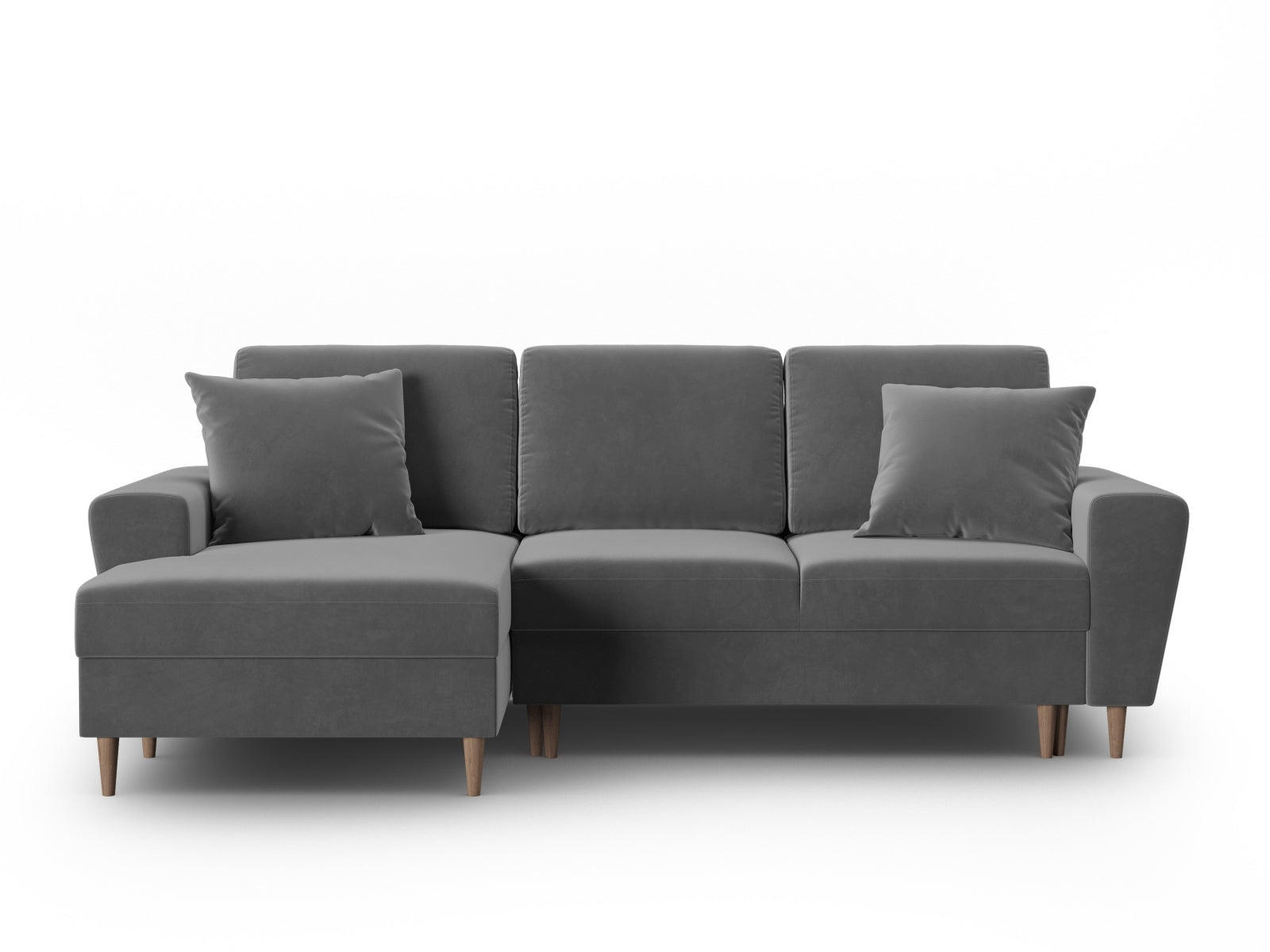 Erleben Sie das Kyoto Velour Ecksofa links – ein stilvolles 4-Sitzer Sofa mit Schlaffunktion und Stauraum, ideal für Ihr gemütliches Wohnzimmer.