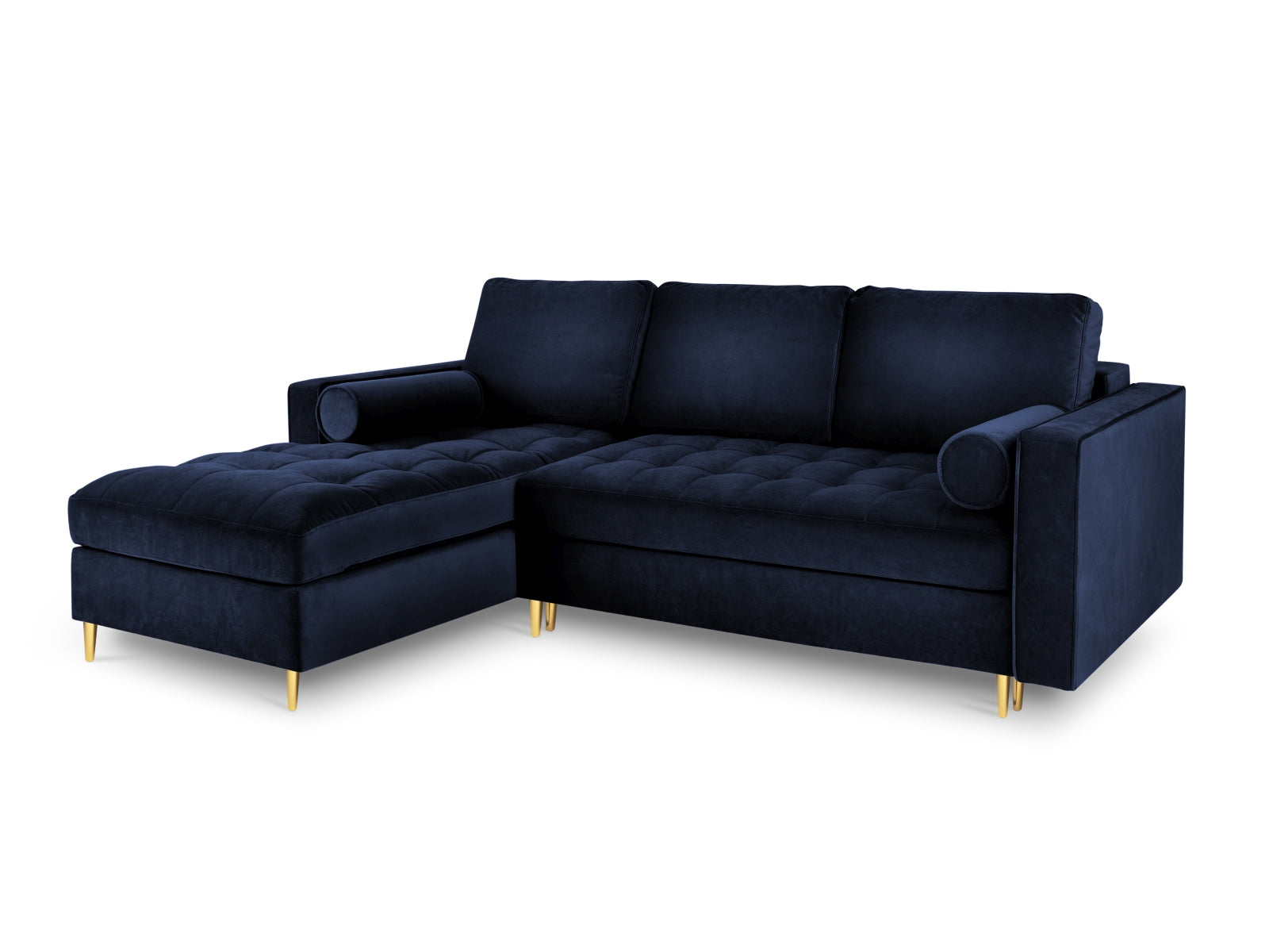 Modernes 5-Sitzer Ecksofa links Aspen in Royal Blue, perfekt für stilvolle Wohnräume, mit Schlafoption und integriertem Stauraum.