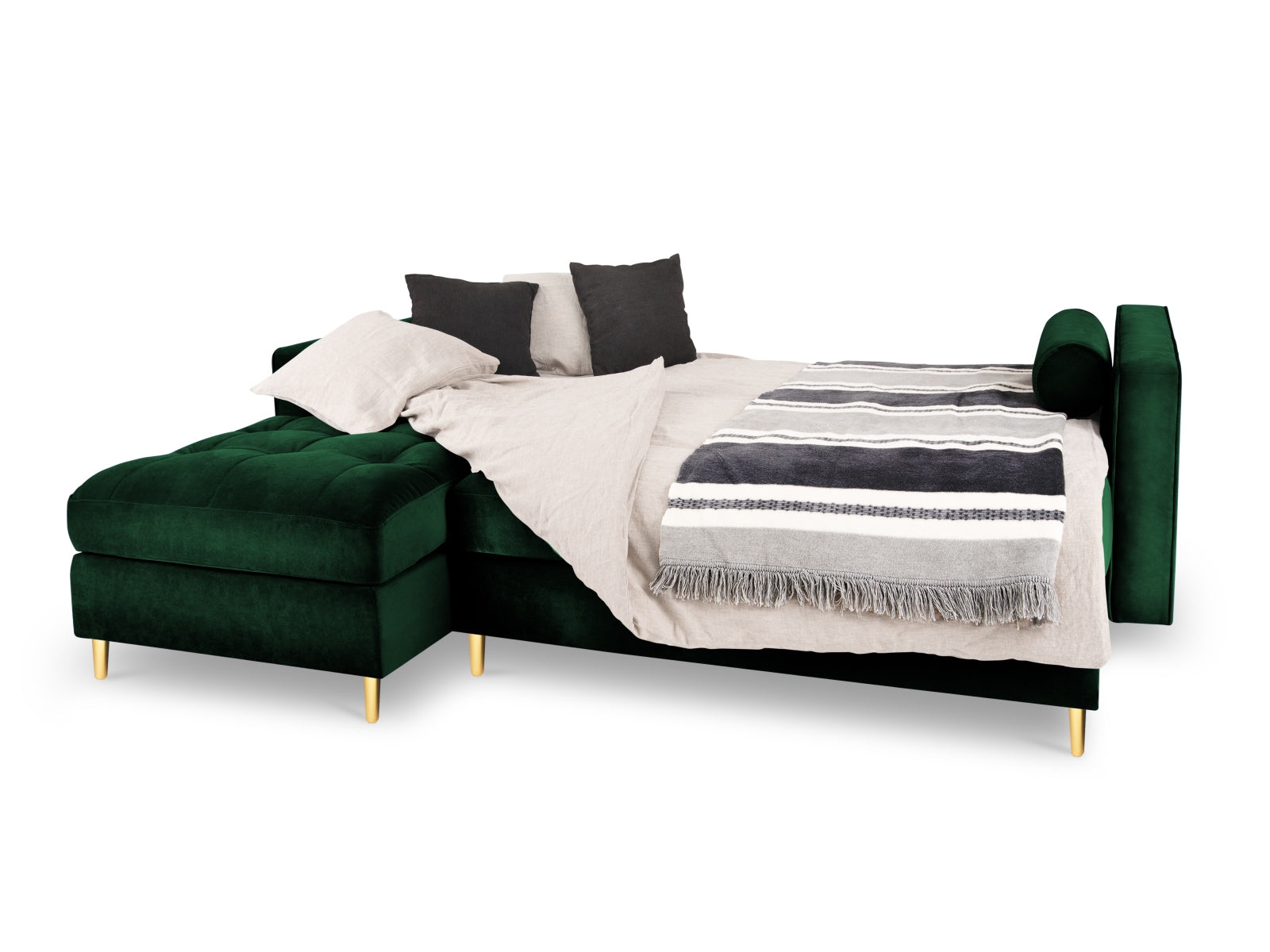 Elegantes 5-Sitzer Ecksofa links Aspen in Bottle Green mit Schlaffunktion und praktischem Stauraum, ideal für stilvolle Wohnräume.