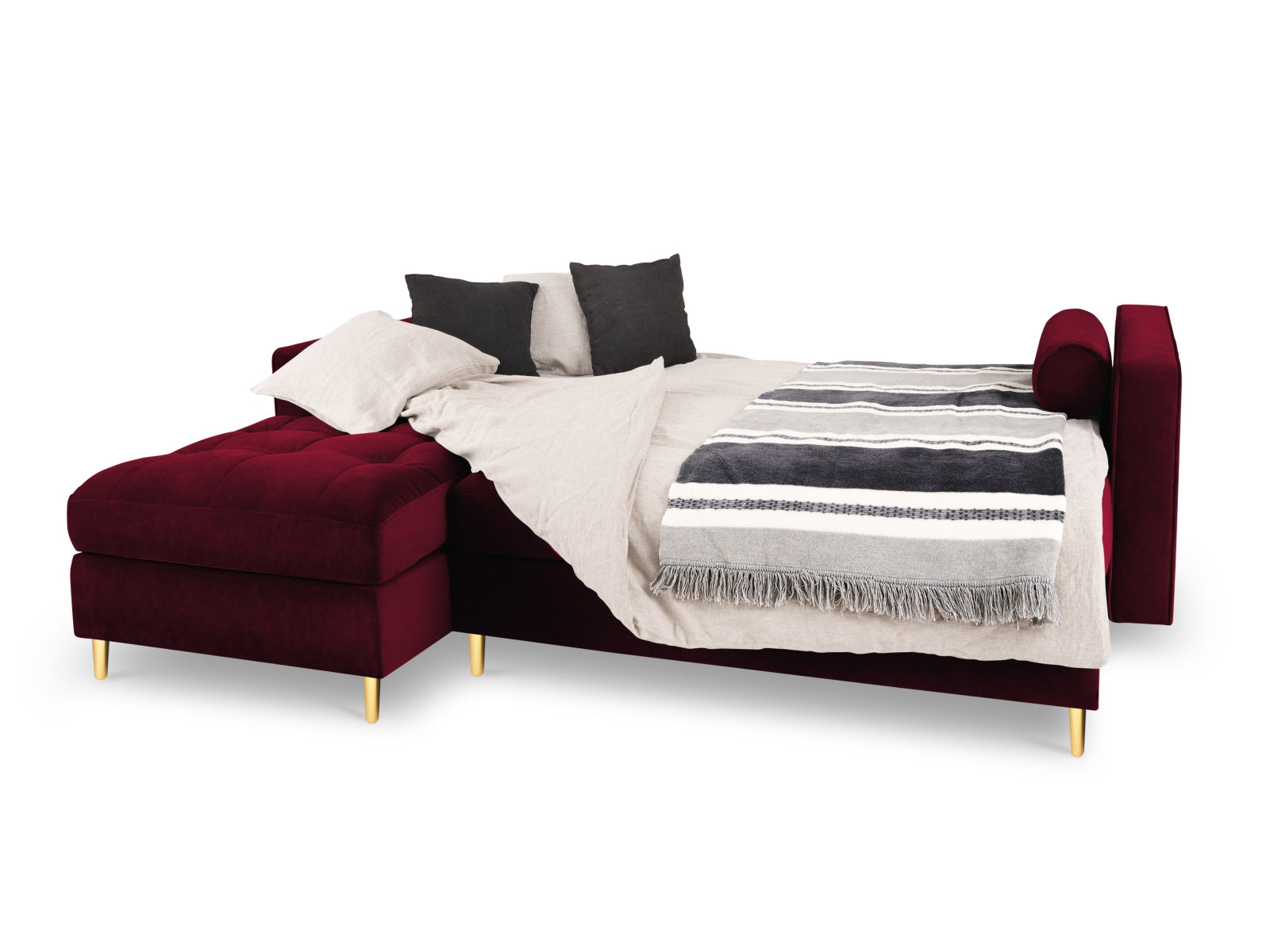 Elegantes 5-Sitzer Ecksofa links Aspen, ausgestattet mit Schlaffunktion und praktischem Stauraum, ideal für gemütliche Abende und Gäste.