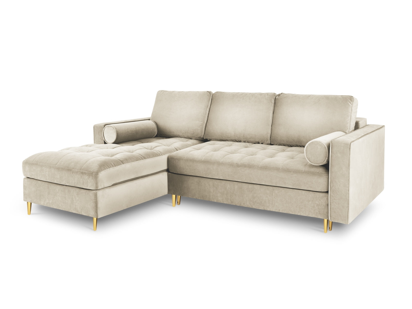 Modernes 5-Sitzer Ecksofa links Aspen in edlem Dunkelbeige, perfekt für gemütliche Stunden und mit praktischer Schlaffunktion sowie Stauraum.