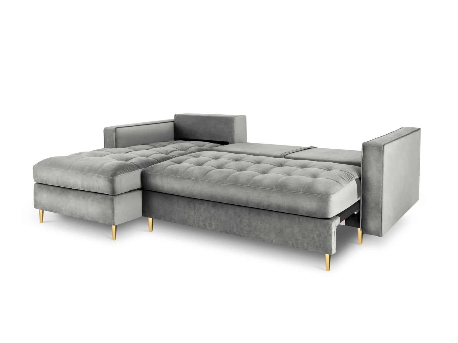 Stylisches 5-Sitzer Ecksofa Aspen in zeitlosem Grau, perfekt für entspannte Stunden, mit cleverer Schlaffunktion und integriertem Stauraum.