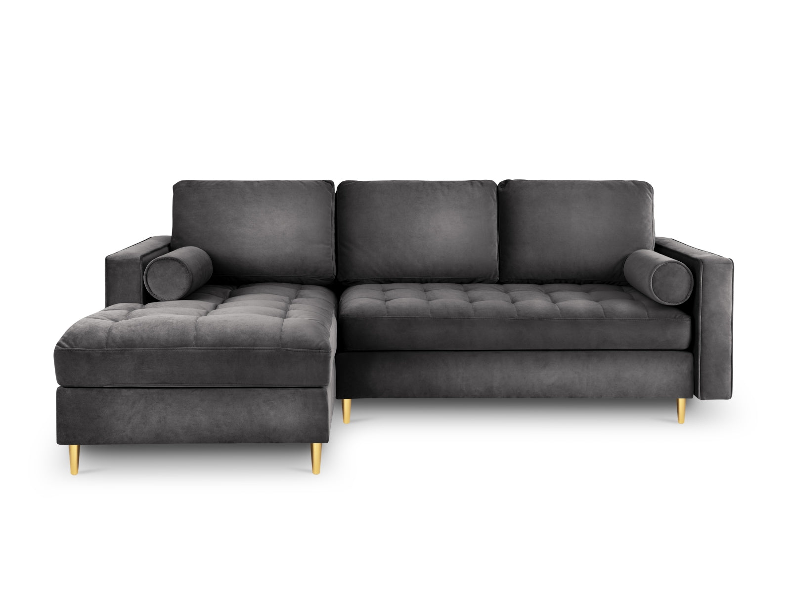 Elegantes 5-Sitzer Ecksofa links Aspen in Dunkelgrau, perfekt für entspannte Stunden, bietet Schlaffunktion und cleveren Stauraum.